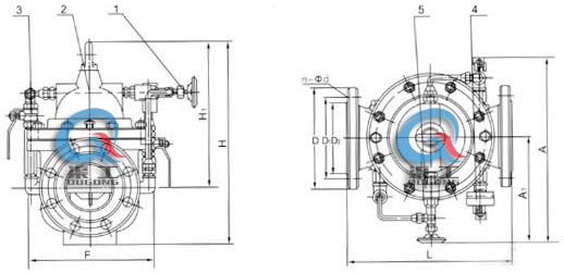 300X緩閉止回閥 外形結(jié)構(gòu)圖 (1、針閥2、主閥3、球閥4、壓力表5、單向閥）